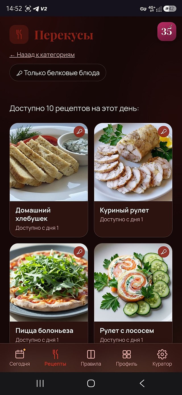 Вкладка «Перекусы»