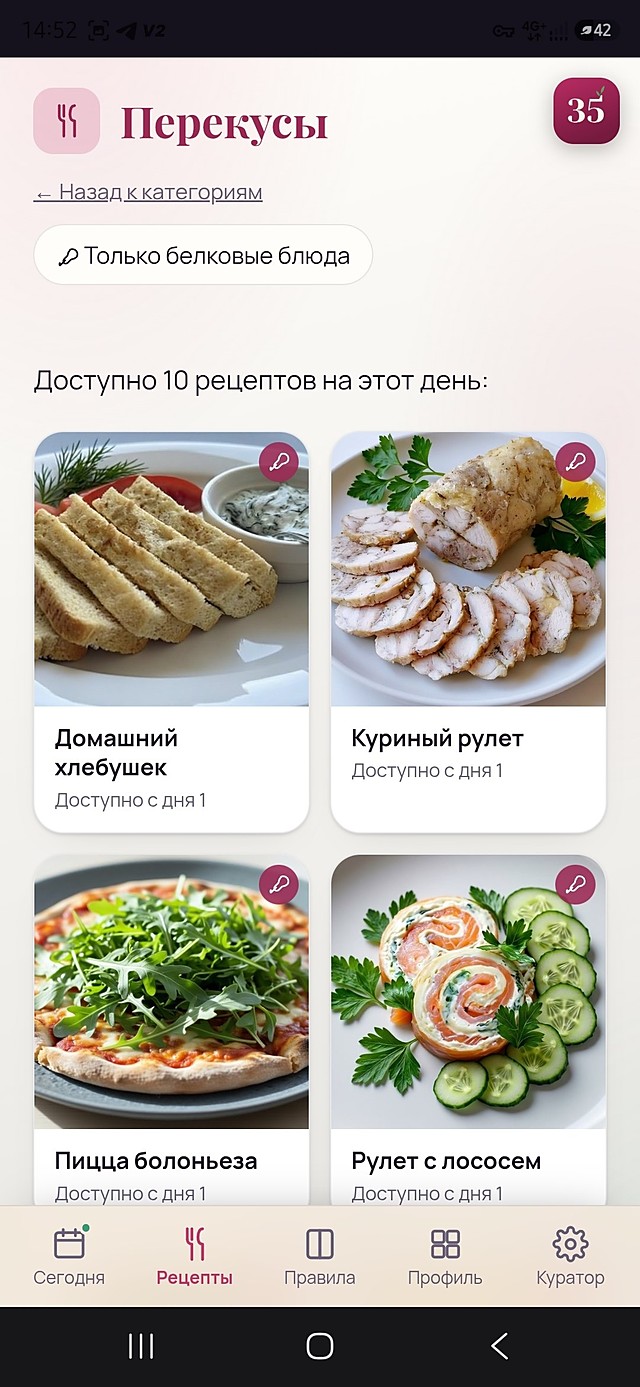 Вкладка «Перекусы»